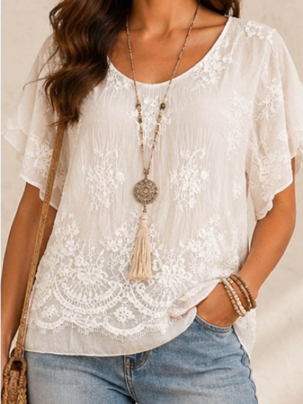 Angela Moda Women's White Embroidered Ruffle Sleeve Blouse - Brand